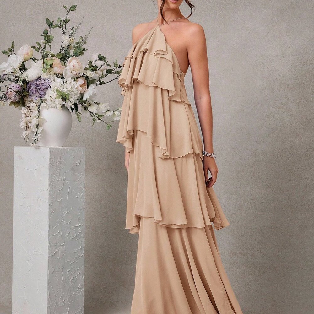 Khaki Elegant Women's Romantic Wedding Maxi Dress - Picture 4 of 5